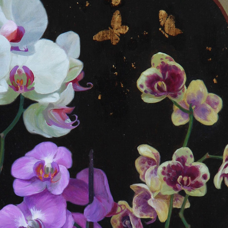 Орхидеи и чёрный веер, 60х40, холст, масло, сусальное золото, 2020