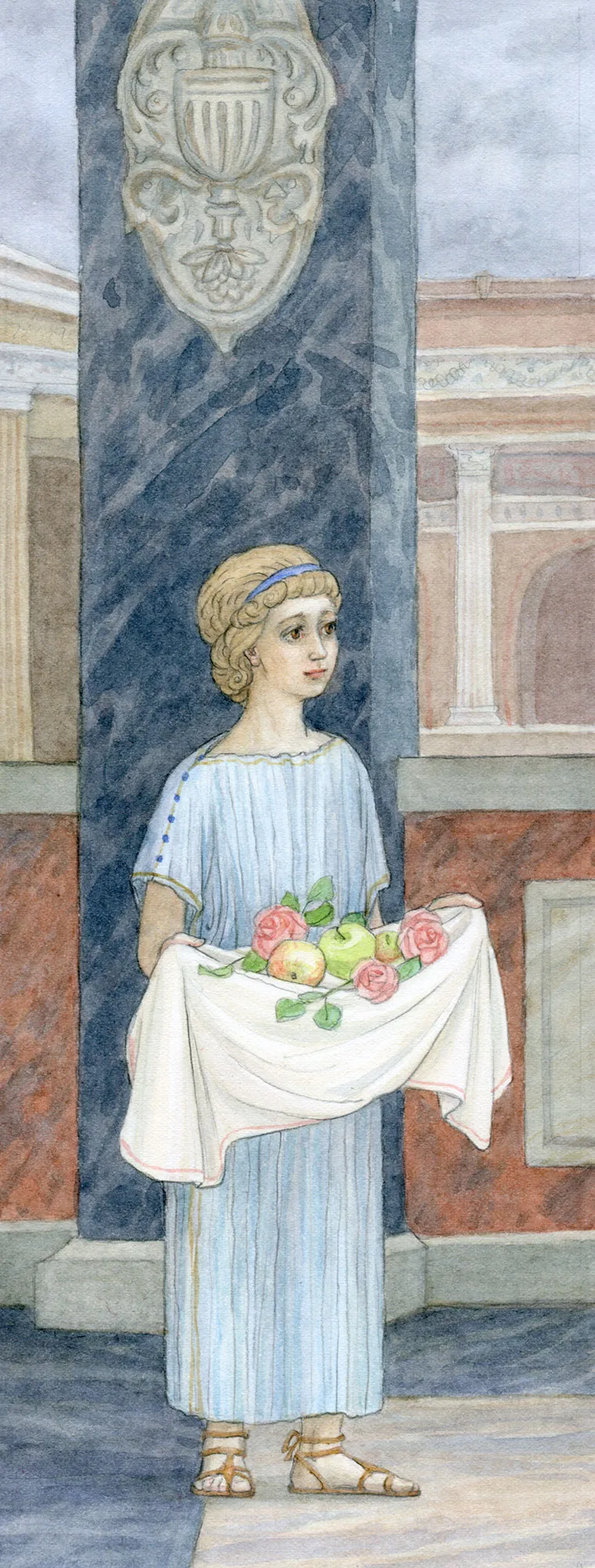 Ангел в виде отрока приносит яблоки и цветы из райского сада